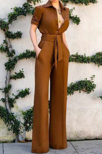 Coffee Casual Print Bandage Turndown Collar Short Sleeve Two Pieces