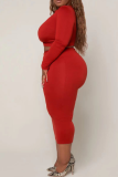 Red Casual Solid Patchwork O Neck Plus Size Two Pieces
