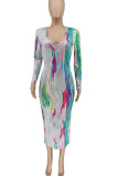 Robes de jupe crayon multicolores à imprimé patchwork et col en V