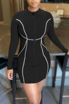 ブラック カジュアル プリント パッチワーク ジッパー カラー ペンシル スカート ドレス