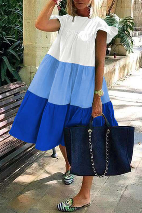 Azul Casual Color Block Volante O Cuello Pastel Falda Vestidos