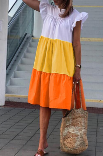 Yellow Casual Color Block Flounce O Neck Cake Skirt Dresses