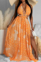 Оранжевая сексуальная повязка с принтом, выдолбленные пляжные платья на молнии с открытой спиной