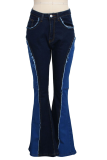 Dark Blue Casual Solid Patchwork Mid Waist Boot Cut Flare Leg Denim Jeans