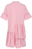 ピンクのカジュアルなソリッドフラウンスマンダリンカラーケーキスカートドレス