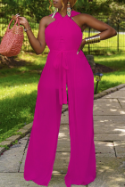 Rose Red Sexy Solid Mesh Neckholder Straight Jumpsuits