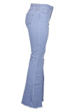 Pantaloni con taglio a stivale patchwork con foro centrale e cerniera lampo blu