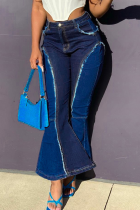 Donkerblauwe casual stevige patchwork jeans met halfhoge taille en bootcut denim