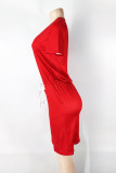 Rode mode casual effen basic O-hals jurk met korte mouwen