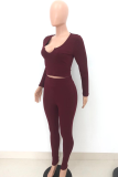 Burgundy Casual Solid Patchwork V Neck Long Sleeve Two Pieces