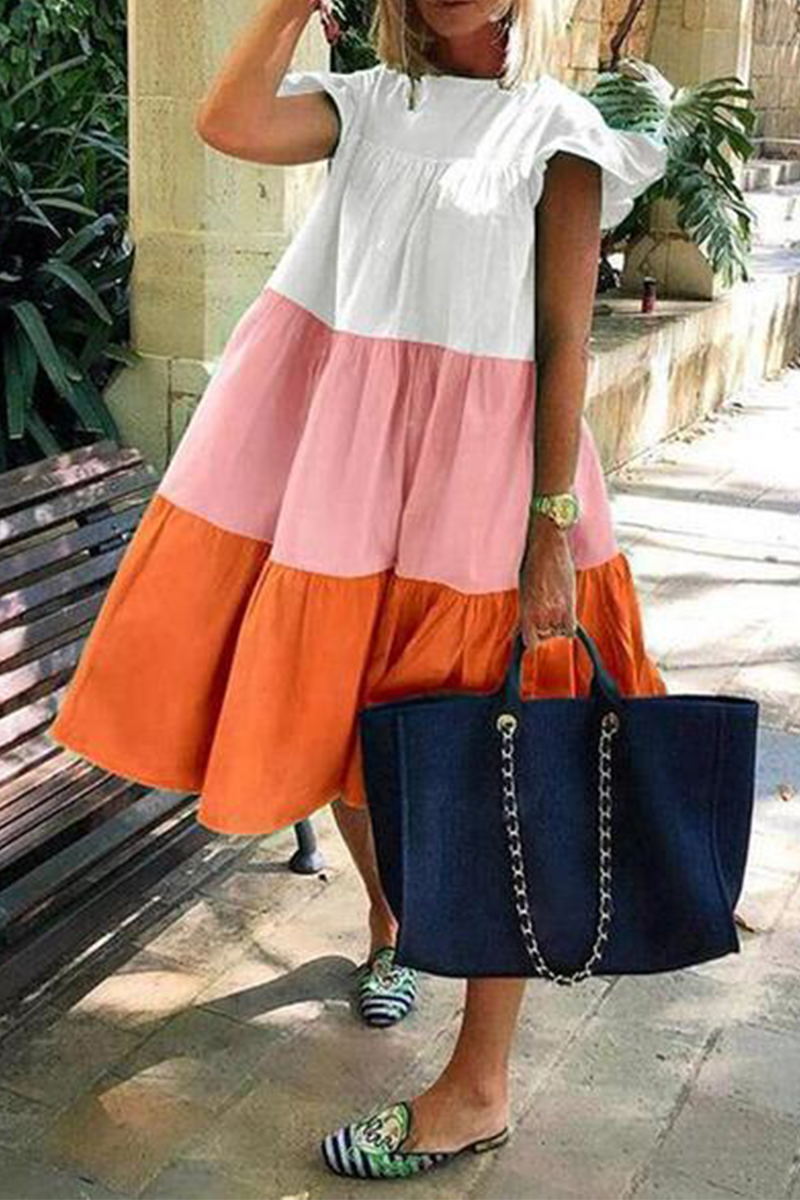

Tangerine Red Casual Color Block Flounce O Neck Cake Skirt Dresses
