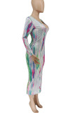 Vestidos de falda de lápiz con cuello en V de patchwork con estampado sexy multicolor