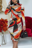 Многоцветные элегантные платья-юбки-карандаши с геометрическим принтом в стиле пэчворк и круглым вырезом