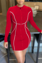 レッド カジュアル プリント パッチワーク ジッパー カラー ペンシル スカート ドレス