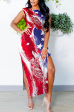 Red Blue Sexy Flag Star Print Hollowed Out Patchwork Slit O Neck Vest Tank Bodycon Midi Dresses