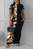 Zwarte mode casual print patchwork O-hals jurk met korte mouwen