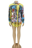 Multicolor Casual Print Patchwork Buckle Turndown Collar Tops (Contain The Belt)