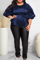 Blue Casual Solid Patchwork O Neck Plus Size Tops