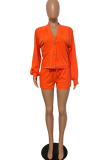 Tangerine Red Casual Solid Buckle Long Sleeve Two Pieces