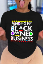 Schwarzes, lässiges Patchwork-T-Shirt mit O-Ausschnitt und Buchstabendruck