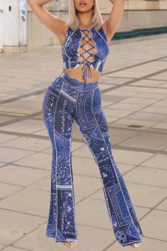 Blue Sexy Print Hollowed Out Patchwork Frenulum O Neck Sleeveless Two Pieces (Contain The Scarf)