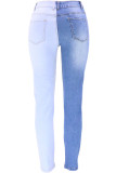 Blue Casual Solid Patchwork Contrast High Waist Regular Denim Jeans