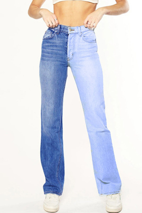 Jeans in denim regolari a vita alta a contrasto patchwork solido blu casual