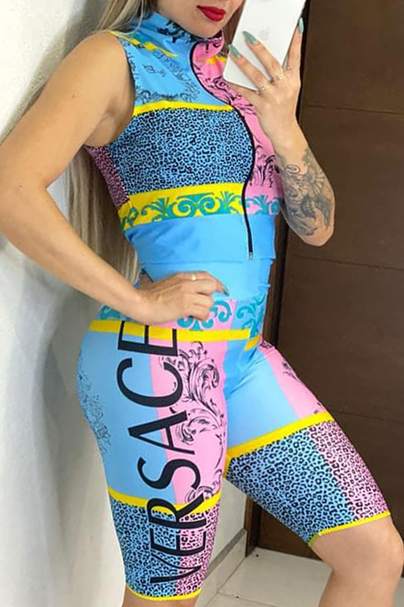 

Blue Fashion Casual Print Vests Zipper Collar Sleeveless Two Pieces