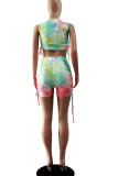 Pink Green Casual Print Tie Dye Patchwork O Neck Sleeveless Two Pieces