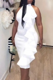 Witte sexy effen patchwork backless volant split halter kokerrok jurken