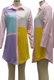 Gelbe, lässige Farbblock-Patchwork-Hemdkleider mit Umlegekragen