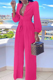 Rose Red Casual Solid Patchwork Buttons Turndown Collar Straight Jumpsuits