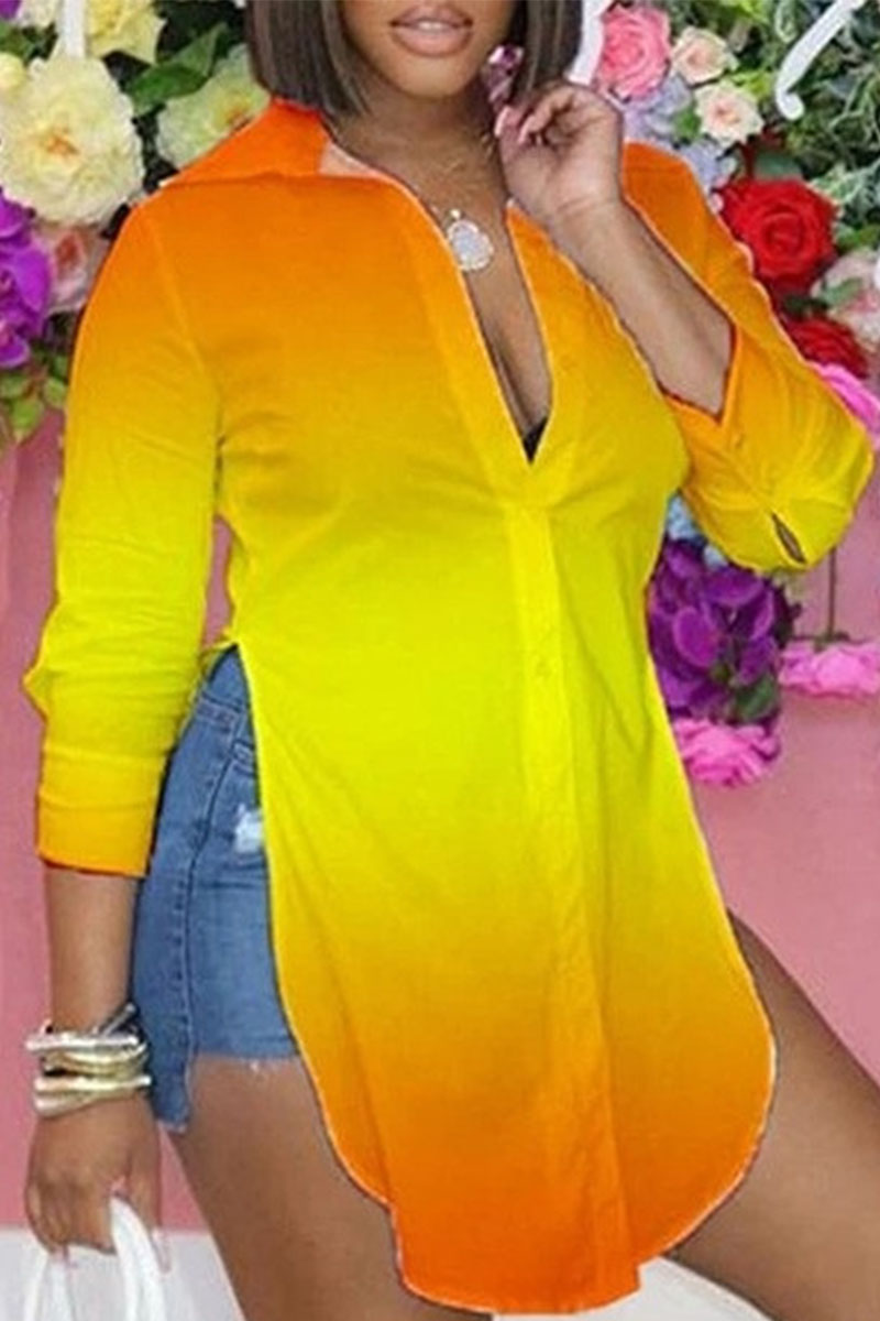 

Yellow Casual Print Patchwork Slit Turndown Collar Tops