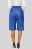 Blue Casual Solid Buckle Buttons Straight Mid Waist Straight Solid Color Bottoms