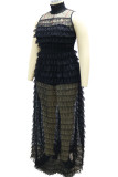 Zwarte sexy effen patchwork doorschijnende coltrui mesh jurk plus size twee stukken