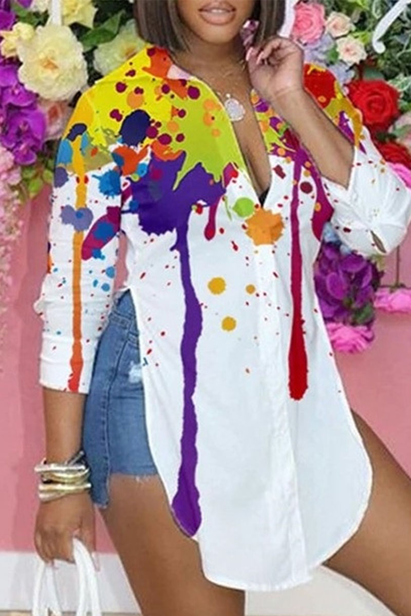

Multi-color Casual Print Patchwork Slit Turndown Collar Tops