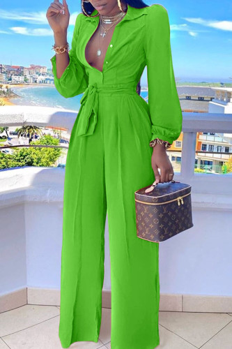 Green Casual Solid Split Joint Buttons Turndown Collar Straight Jumpsuits