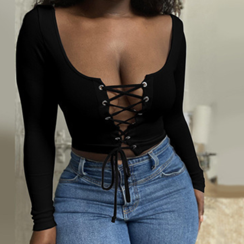 Black Sexy Solid Draw String U Neck T-Shirts
