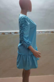 Light Blue Casual Solid Flounce O Neck Cake Skirt Dresses