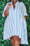 ブルーカジュアルストライププリントパッチワークバックルターンダウンカラーシャツドレスプラスサイズドレス
