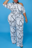 Witte mode casual print bandage schuine kraag plus size jumpsuits
