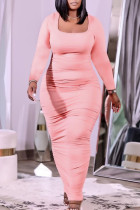 ピンクのセクシーなソリッドパッチワークフォールドUネックペンシルスカートドレス