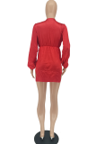 Rode sexy effen hoge opening v-hals onregelmatige jurk jurken