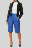 Blue Casual Solid Buckle Buttons Straight Mid Waist Straight Solid Color Bottoms