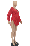 Vestidos de vestido irregular vermelho sexy sólido com decote em V e abertura alta