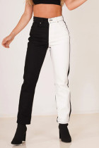Black Casual Solid Patchwork Contrast High Waist Regular Colorblock Denim Jeans