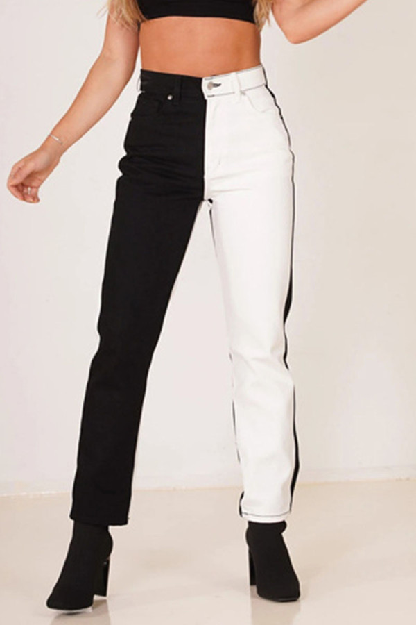 Svart Casual Solid Patchwork Kontrast Vanliga jeans med hög midja