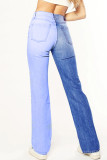Blue Casual Solid Patchwork Contrast High Waist Regular Denim Jeans