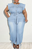 Baby Blue Fashion Casual Solid mit Gürtel O-Ausschnitt Plus Size Jumpsuits