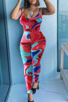 Red Blue Sexy Print Patchwork Spaghetti Strap Skinny Jumpsuits
